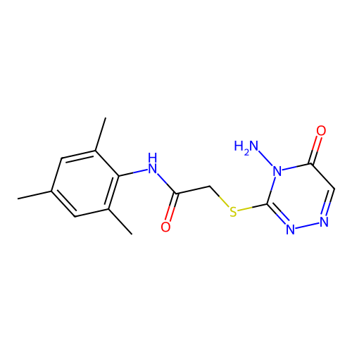 2-((4-amino-5-oxo-4,5-dihydro-1,2,4-triazin-3-yl)thio)-N-mesitylacetamide structure