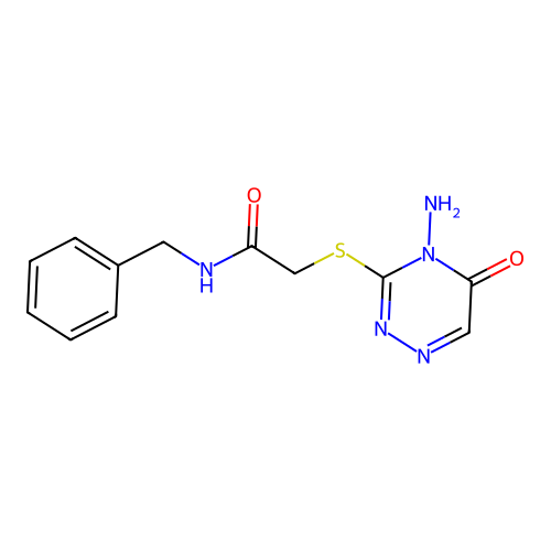 2-((4-amino-5-oxo-4,5-dihydro-1,2,4-triazin-3-yl)thio)-N-benzylacetamide structure