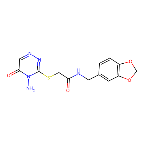 2-((4-amino-5-oxo-4,5-dihydro-1,2,4-triazin-3-yl)thio)-N-(benzo[d][1,3]dioxol-5-ylmethyl)acetamide structure