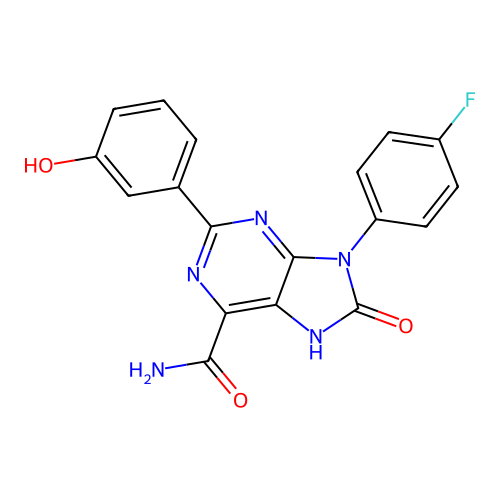 9-(4-fluorophenyl)-2-(3-hydroxyphenyl)-8-oxo-8,9-dihydro-7H-purine-6-carboxamide structure