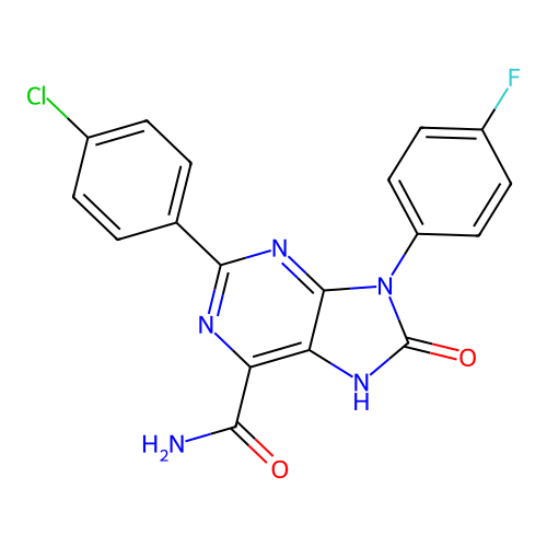 2-(4-chlorophenyl)-9-(4-fluorophenyl)-8-oxo-8,9-dihydro-7H-purine-6-carboxamide structure