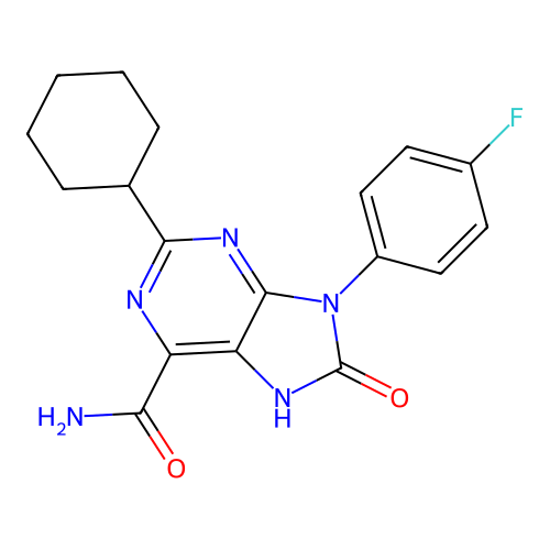 2-cyclohexyl-9-(4-fluorophenyl)-8-oxo-8,9-dihydro-7H-purine-6-carboxamide structure