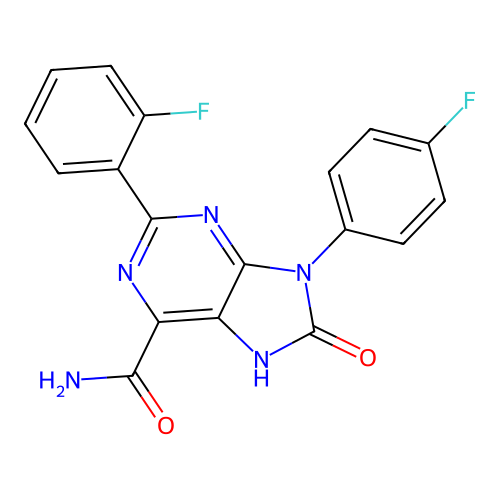 2-(2-fluorophenyl)-9-(4-fluorophenyl)-8-oxo-8,9-dihydro-7H-purine-6-carboxamide structure