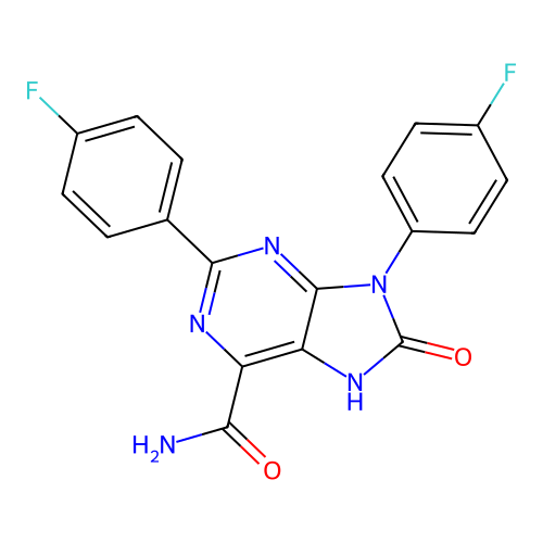 2,9-bis(4-fluorophenyl)-8-oxo-8,9-dihydro-7H-purine-6-carboxamide structure