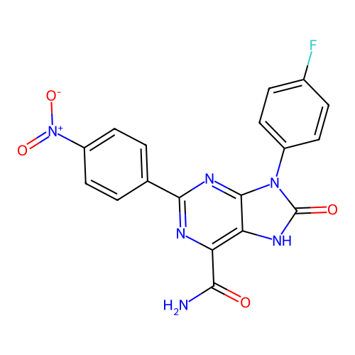 9-(4-fluorophenyl)-2-(4-nitrophenyl)-8-oxo-8,9-dihydro-7H-purine-6-carboxamide structure
