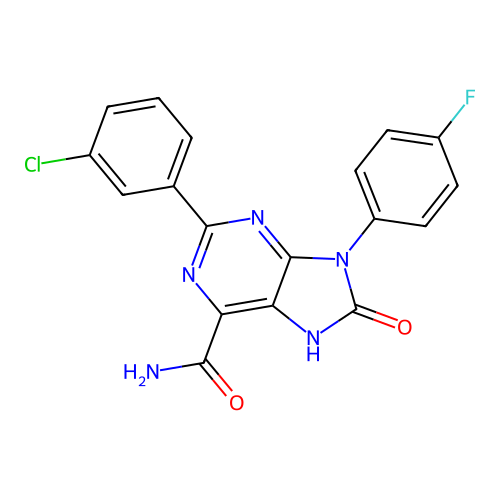 2-(3-chlorophenyl)-9-(4-fluorophenyl)-8-oxo-8,9-dihydro-7H-purine-6-carboxamide structure