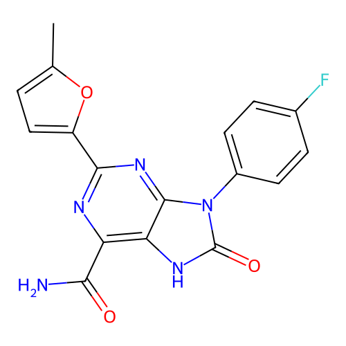 9-(4-fluorophenyl)-2-(5-methylfuran-2-yl)-8-oxo-8,9-dihydro-7H-purine-6-carboxamide structure