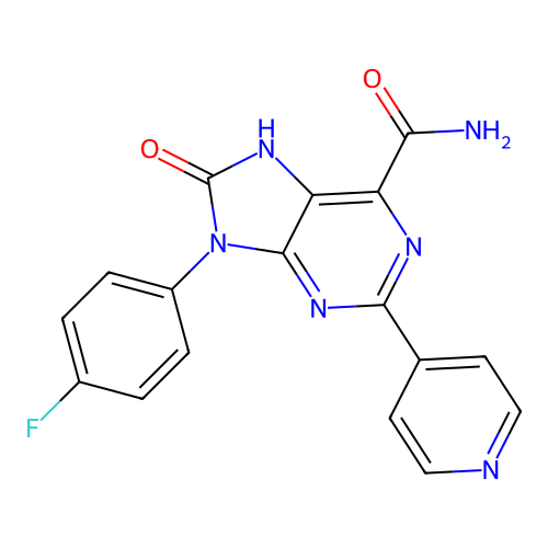 9-(4-fluorophenyl)-8-oxo-2-(pyridin-4-yl)-8,9-dihydro-7H-purine-6-carboxamide structure