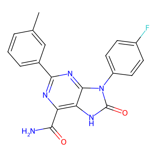 9-(4-fluorophenyl)-2-(3-methylphenyl)-8-oxo-8,9-dihydro-7H-purine-6-carboxamide structure