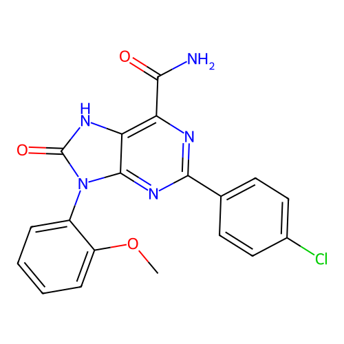 2-(4-chlorophenyl)-9-(2-methoxyphenyl)-8-oxo-8,9-dihydro-7H-purine-6-carboxamide structure