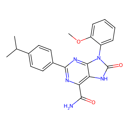9-(2-methoxyphenyl)-8-oxo-2-(4-propan-2-ylphenyl)-7H-purine-6-carboxamide structure