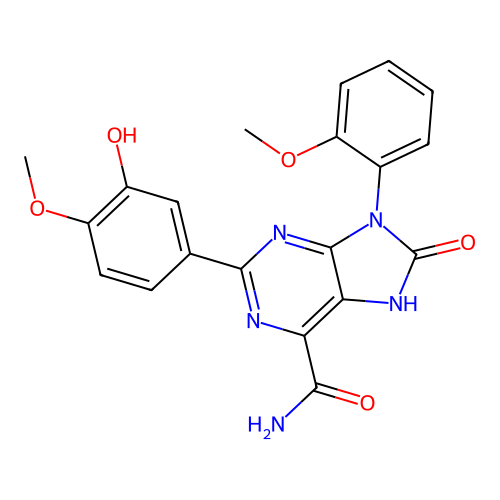 2-(3-hydroxy-4-methoxyphenyl)-9-(2-methoxyphenyl)-8-oxo-8,9-dihydro-7H-purine-6-carboxamide structure