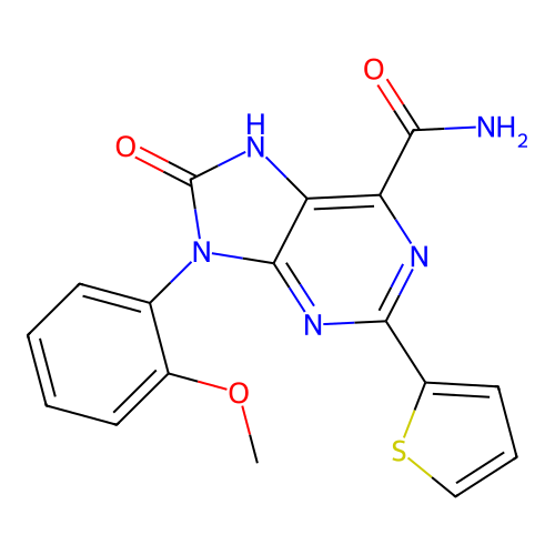 9-(2-methoxyphenyl)-8-oxo-2-(thiophen-2-yl)-8,9-dihydro-7H-purine-6-carboxamide structure