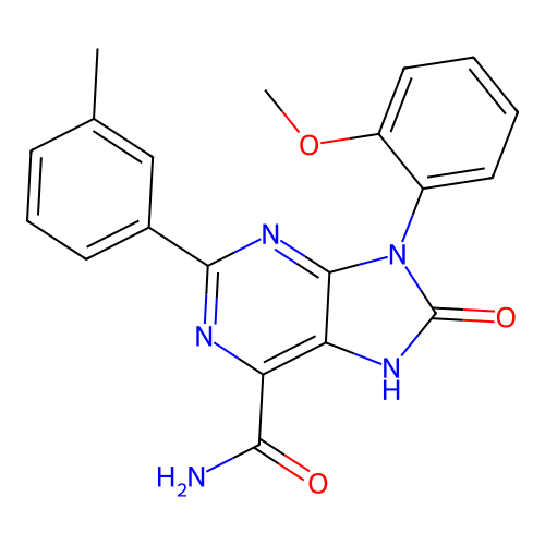 9-(2-methoxyphenyl)-2-(3-methylphenyl)-8-oxo-8,9-dihydro-7H-purine-6-carboxamide structure