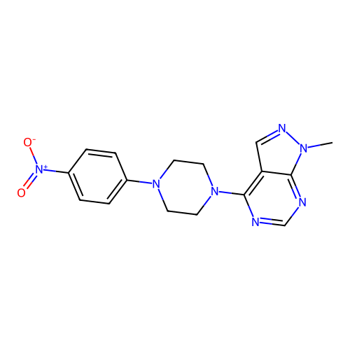1-methyl-4-(4-(4-nitrophenyl)piperazin-1-yl)-1H-pyrazolo[3,4-d]pyrimidine structure
