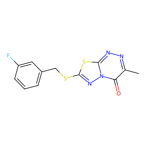 7-{[(3-fluorophenyl)methyl]sulfanyl}-3-methyl-4H-[1,3,4]thiadiazolo[2,3-c][1,2,4]triazin-4-one structure