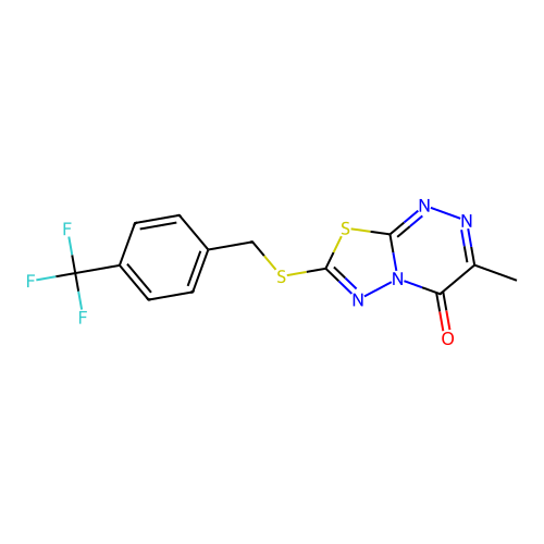 3-methyl-7-({[4-(trifluoromethyl)phenyl]methyl}sulfanyl)-4H-[1,3,4]thiadiazolo[2,3-c][1,2,4]triazin-4-one structure