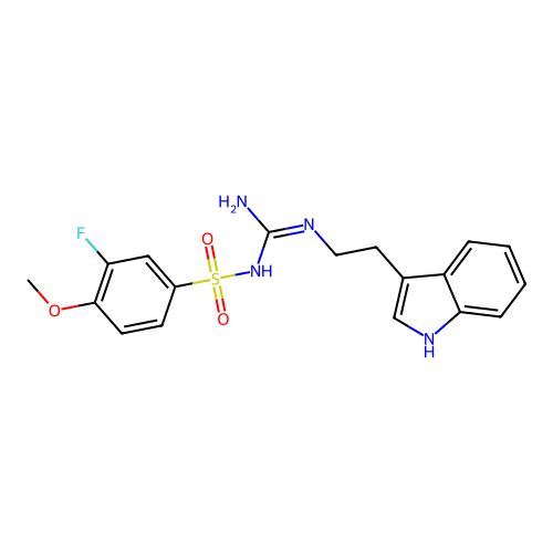 N-(N-(2-(1H-indol-3-yl)ethyl)carbamimidoyl)-3-fluoro-4-methoxybenzenesulfonamide structure