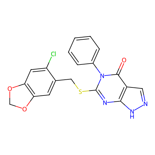 6-{[(6-chloro-2H-1,3-benzodioxol-5-yl)methyl]sulfanyl}-5-phenyl-1H,4H,5H-pyrazolo[3,4-d]pyrimidin-4-one structure