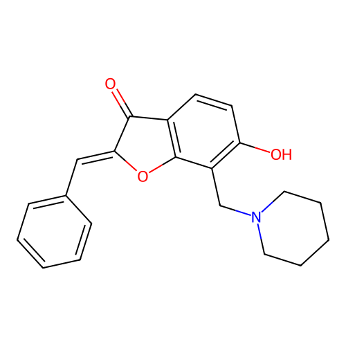 (2Z)-2-benzylidene-6-hydroxy-7-(piperidin-1-ylmethyl)-1-benzofuran-3(2H)-one structure