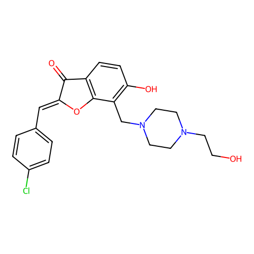 (Z)-2-(4-chlorobenzylidene)-6-hydroxy-7-((4-(2-hydroxyethyl)piperazin-1-yl)methyl)benzofuran-3(2H)-one structure
