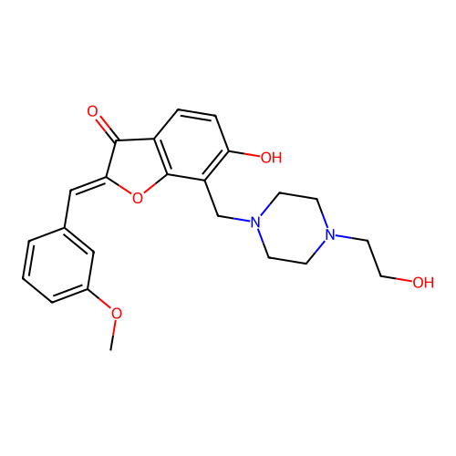 (Z)-6-hydroxy-7-((4-(2-hydroxyethyl)piperazin-1-yl)methyl)-2-(3-methoxybenzylidene)benzofuran-3(2H)-one structure
