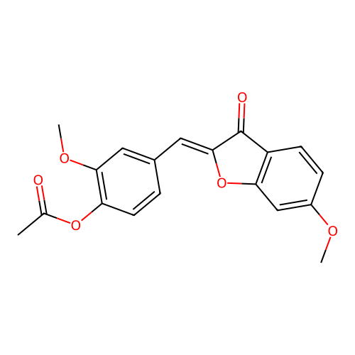 (Z)-2-methoxy-4-((6-methoxy-3-oxobenzofuran-2(3H)-ylidene)methyl)phenyl acetate structure