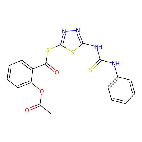Benzenecarbothioic acid, 2-(acetyloxy)-, S-(5-(((phenylamino)thioxomethyl)amino)-1,3,4-thiadiazol-2-yl) ester structure