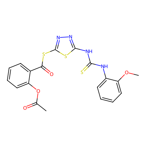 Benzenecarbothioic acid, 2-(acetyloxy)-, S-(5-((((2-methoxyphenyl)amino)thioxomethyl)amino)-1,1,3,4-thiadiazol-2-yl) ester structure