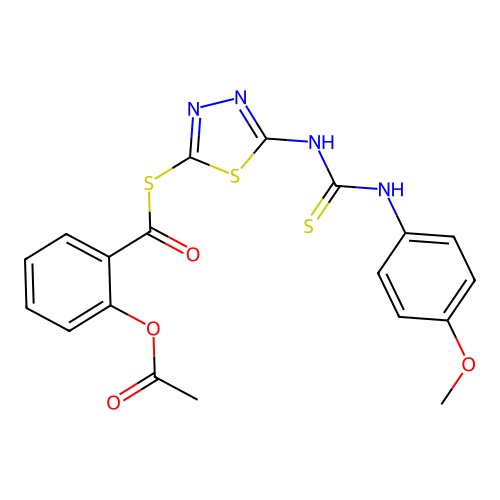 Benzenecarbothioic acid, 2-(acetyloxy)-, S-(5-((((4-methoxyphenyl)amino)thioxomethyl)amino)-1,3,4-thiadiazol-2-yl) ester structure