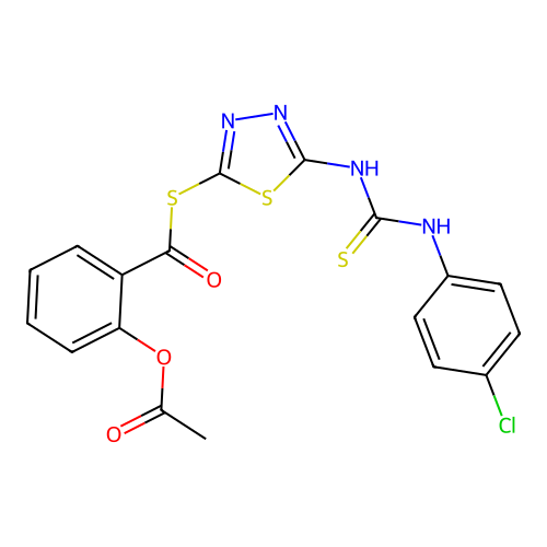 Benzenecarbothioic acid, 2-(acetyloxy)-, S-(5-((((4-chlorophenyl)amino)thioxomethyl)amino)-1,3,4-thiadiazol-2-yl) ester structure