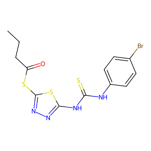 Butanethioic acid, S-(5-((((4-bromophenyl)amino)thioxomethyl)amino)-1,3,4-thiadiazol-2-yl) ester structure