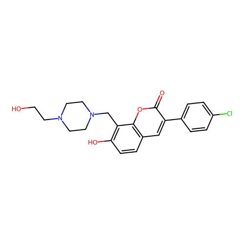 3-(4-chlorophenyl)-7-hydroxy-8-{[4-(2-hydroxyethyl)piperazin-1-yl]methyl}-2H-chromen-2-one structure