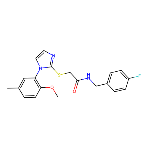 N-[(4-fluorophenyl)methyl]-2-{[1-(2-methoxy-5-methylphenyl)-1H-imidazol-2-yl]sulfanyl}acetamide structure