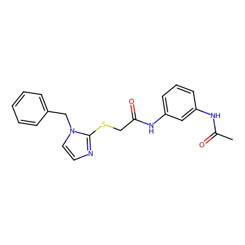 N-(3-acetamidophenyl)-2-(1-benzylimidazol-2-yl)sulfanylacetamide structure