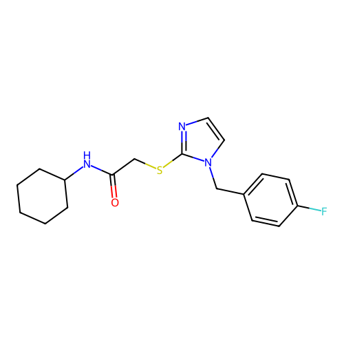 N-cyclohexyl-2-((1-(4-fluorobenzyl)-1H-imidazol-2-yl)thio)acetamide structure