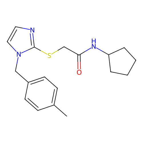 N-cyclopentyl-2-[1-[(4-methylphenyl)methyl]imidazol-2-yl]sulfanylacetamide structure