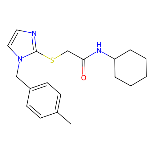 N-cyclohexyl-2-[1-[(4-methylphenyl)methyl]imidazol-2-yl]sulfanylacetamide structure