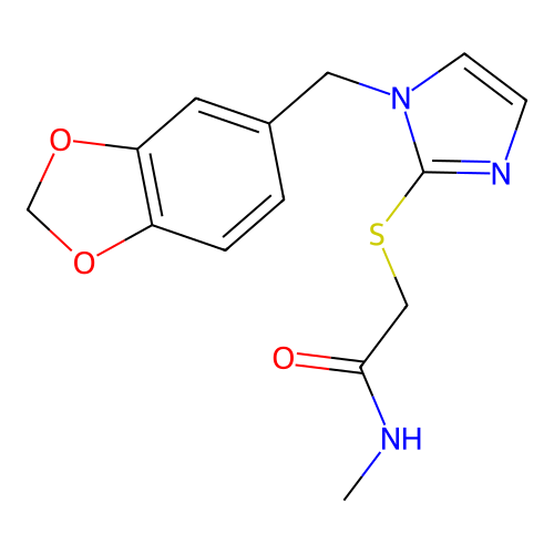 2-({1-[(2H-1,3-benzodioxol-5-yl)methyl]-1H-imidazol-2-yl}sulfanyl)-N-methylacetamide structure