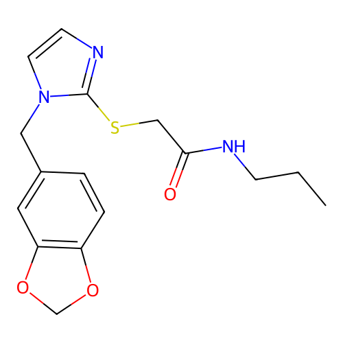 2-((1-(benzo[d][1,3]dioxol-5-ylmethyl)-1H-imidazol-2-yl)thio)-N-propylacetamide structure