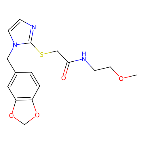 2-((1-(benzo[d][1,3]dioxol-5-ylmethyl)-1H-imidazol-2-yl)thio)-N-(2-methoxyethyl)acetamide structure