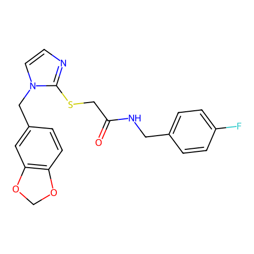 2-({1-[(2H-1,3-benzodioxol-5-yl)methyl]-1H-imidazol-2-yl}sulfanyl)-N-[(4-fluorophenyl)methyl]acetamide structure