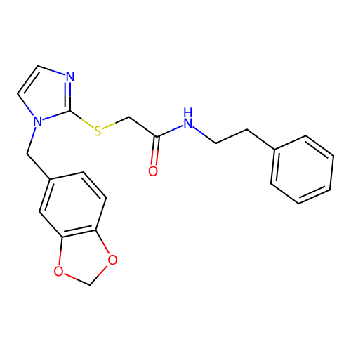 2-({1-[(2H-1,3-benzodioxol-5-yl)methyl]-1H-imidazol-2-yl}sulfanyl)-N-(2-phenylethyl)acetamide structure