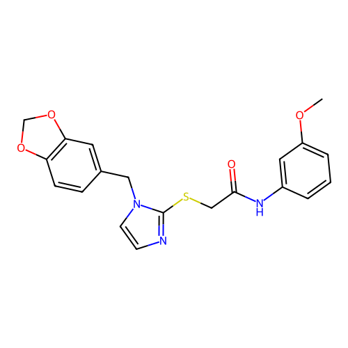 2-({1-[(2H-1,3-benzodioxol-5-yl)methyl]-1H-imidazol-2-yl}sulfanyl)-N-(3-methoxyphenyl)acetamide structure