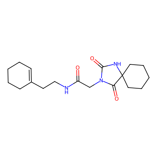 N-(2-cyclohex-1-en-1-ylethyl)-2-(2,4-dioxo-1,3-diazaspiro[4.5]dec-3-yl)acetamide structure