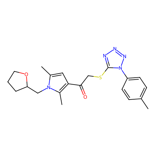 1-(2,5-Dimethyl-1-((tetrahydrofuran-2-yl)methyl)-1H-pyrrol-3-yl)-2-((1-(p-tolyl)-1H-tetrazol-5-yl)thio)ethan-1-one structure