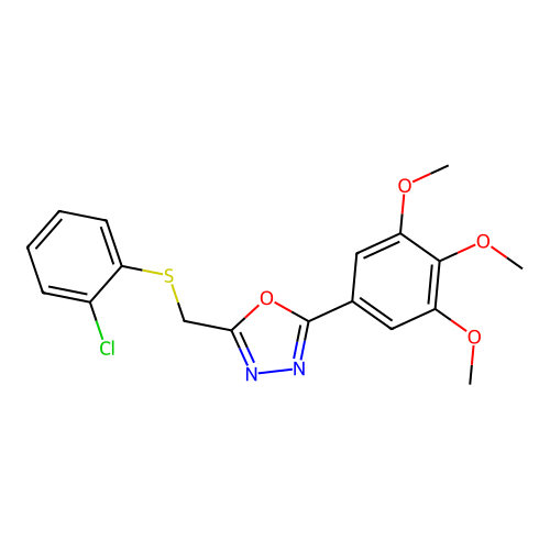 2-(((2-Chlorophenyl)thio)methyl)-5-(3,4,5-trimethoxyphenyl)-1,3,4-oxadiazole structure