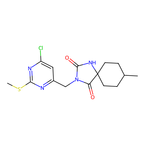 2-[(6-chloro-2-methylsulfanylpyrimidin-4-yl)methyl]-8-methyl-2,4-diazaspiro[4.5]decane-1,3-dione structure