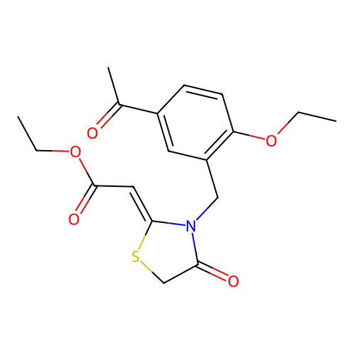 Ethyl 2-[3-[(5-acetyl-2-ethoxyphenyl)methyl]-4-oxo-2-thiazolidinylidene]acetate structure