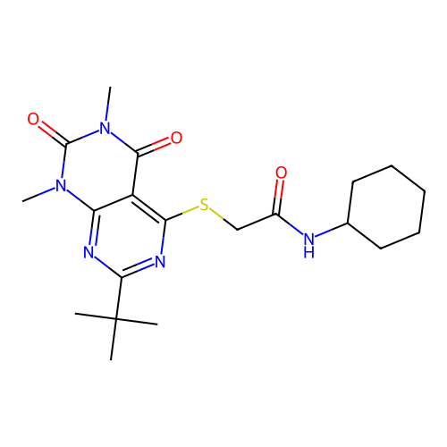 2-((2-(tert-Butyl)-6,8-dimethyl-5,7-dioxo-5,6,7,8-tetrahydropyrimido[4,5-d]pyrimidin-4-yl)thio)-N-cyclohexylacetamide structure